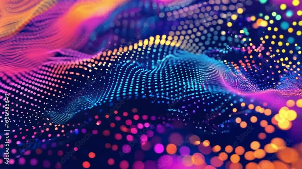 Poster vibrant digital waves with fluorescent dots flow seamlessly, showcasing a mix of colors in a rhythmi