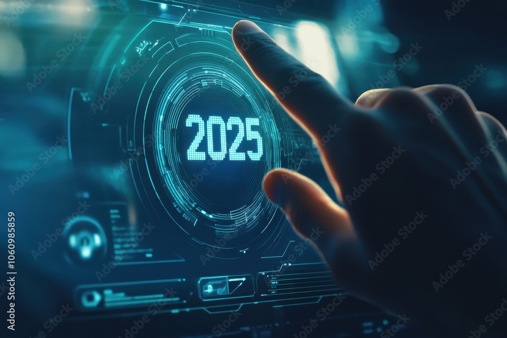 Aufkleber futuristic technology interface displaying the year 2025 with a hand interacting with the screen