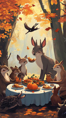 Children's Book Illustration of Forest Creatures Celebrating Thanksgiving Together