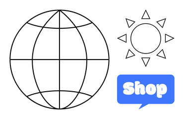 Black and white globe with lines next to a sun drawn with simple triangles, accompanied by a blue speech bubble containing the word shop in white. Ideal for international commerce, e-commerce, global
