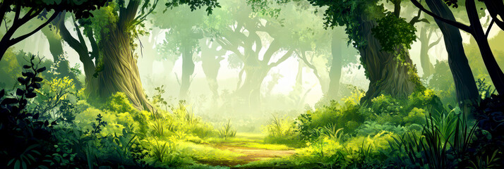 Enchanting forest pathway celebrating International Forest Day with lush greenery and sunlight. Horizontal banner. Copy space. Flat illustration