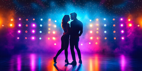 Couple on dance floor, woman and man moving to music
