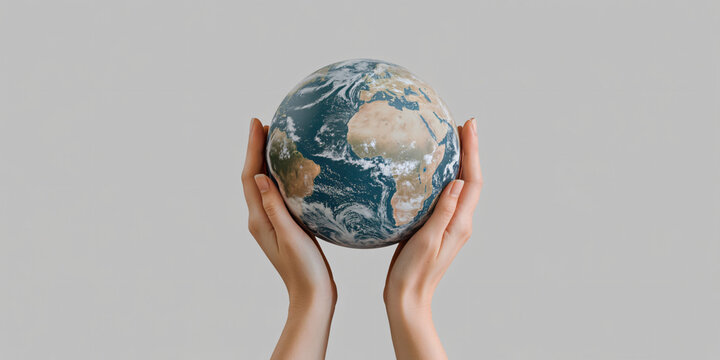 Closeup of hands holding the planet earth globe sphere isolated on transparent background. Nature environment and ecology protection concept, energy conservation and sustainability, global warming