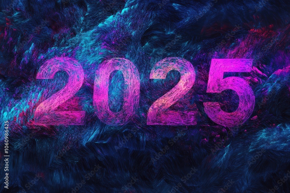 Poster vibrant and colorful representation of the year 2025 with abstract swirling patterns in the backgrou