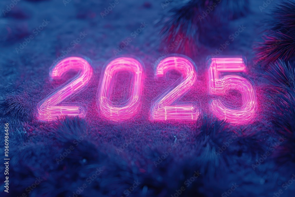 Poster colorful neon digits representing the year 2025 illuminated in a dark environment with soft textures