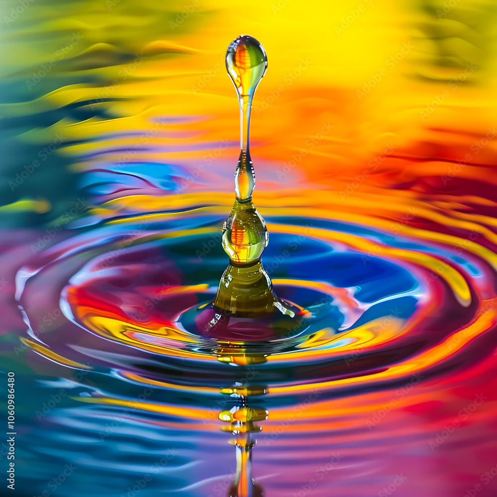 Poster a single drop of water creates colorful ripples in a pool of liquid
