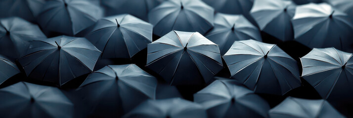 Monochrome umbrellas creating stunning patterns for World Meteorological Day design. Horizontal banner. Copy space. Climate change concept. Global warming problem
