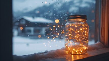 Cozy Winter Scene with Glowing Fairy Lights