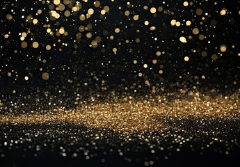 Dark background, a rain of golden particles on the ground, dark blue and gold tones