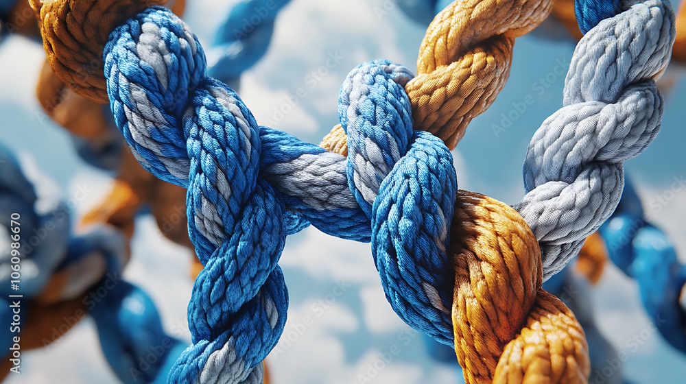 Poster metaphorical representation of collective effort integration and unity depicted as diverse ropes intertwined in a cohesive partnership conceptual 3d render