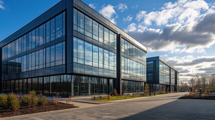 Obraz premium Modern glass office buildings under a partly cloudy sky with landscaped surroundings.