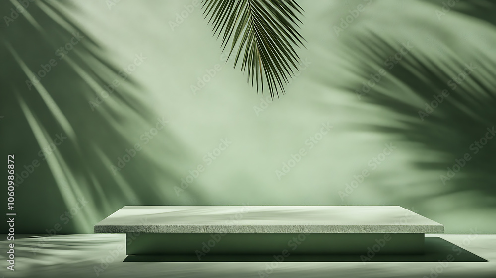 Aufkleber minimalist green background with palm leaves shadows, empty table top for product presentation