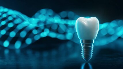 A sleek dental implant rests on a reflective surface, highlighting a luminous tooth above against a dark backdrop with blue digital wave patterns