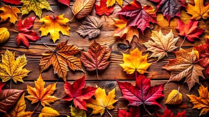 Colorful autumn leaves on rustic wooden background