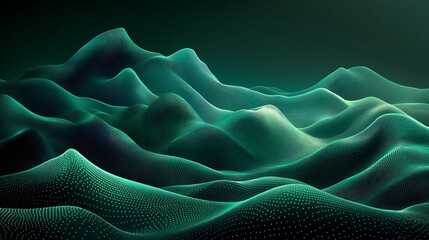Obraz premium Dark background featuring 3D mountains with green dot and line wave textures in high-res abstract scene