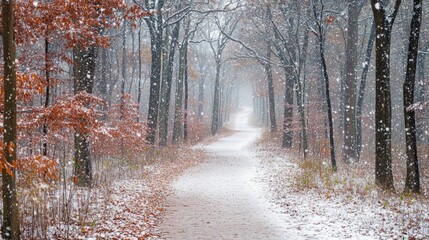 A scenic forest trail lined with snow-covered trees and a gentle snowfall, creating a quiet, secluded winter pathway.