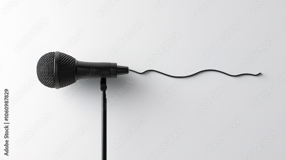 Fototapete a minimalist microphone with an abstract waveform stretching across the white background, representi