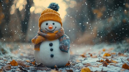 Obraz premium A cheerful snowman with a knitted hat and scarf stands in a snowy forest.