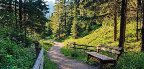 Fototapeta premium A scenic landscape with a narrow path winding through the forest, bordered by a wooden fence and a cozy wooden bench under tall, green trees.