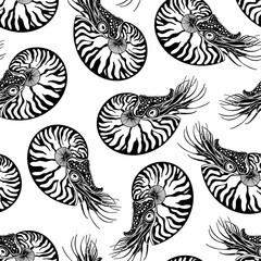 Nautiluses. Seamless vector pattern with  sea ​​creatures. Nature stylish background. Silhouette. Black and white.  Perfect for wallpaper, wrapping, fabric, print and textile. 