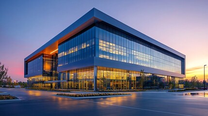 Obraz premium A large building with a lot of windows and a large sign on the front. The building is lit up at night, giving it a modern and sleek appearance