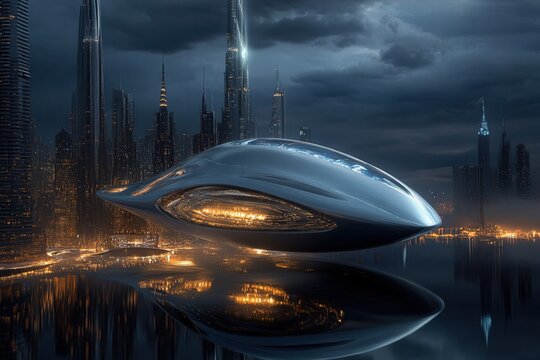 sleek futuristic cityscape with floating metallic structure reflecting city lights over a calm water surface under a dramatic cloudy night sky