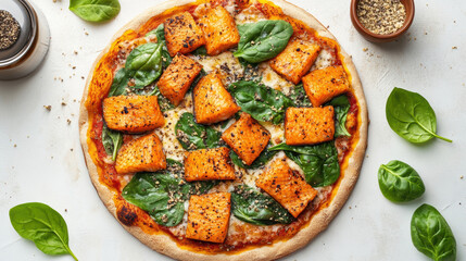 Delicious pumpkin and spinach pizza with fresh herbs and spices on rustic crust