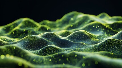 Abstract 3D render of mountainous terrain with green dots forming wave patterns over a black background