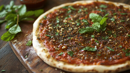 Delicious zaatar pizza with fresh herbs on rustic wooden board