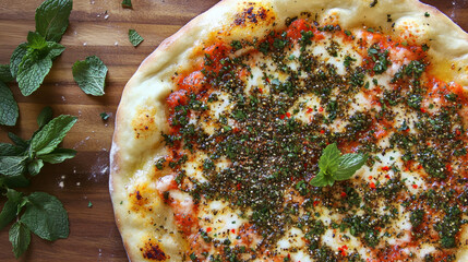 Freshly baked manakish with zaatar and mint on rustic wooden table