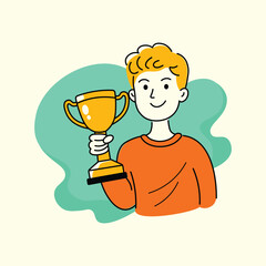 Young Man Holding a Trophy Doodle style Illustration