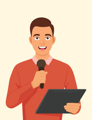 Young Man Holding Microphone and Clipboard Making Presentation Flat Style Illustration
