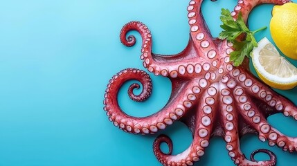 Obraz premium A vibrant octopus with fresh lemons, perfect for seafood dishes and culinary themes on a bright blue background.