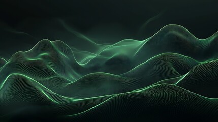 Fototapeta premium Abstract 3D mountain scene with green dot-and-line waves across a dark high-res background