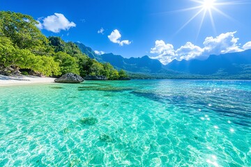 Fototapeta premium Crystal clear tropical water, lush island coastline, bright sunny day, turquoise ocean, vibrant natural beauty, tropical travel destination, paradise, peaceful beach scene, copy space for text