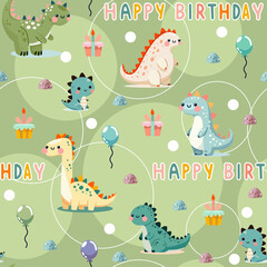 Seamless green dinosaur birthday pattern with cute dinosaurs, balloons, cakes, happy birthday text, fun festive background, kids party design illustration, repeat pattern, celebration decor invitation