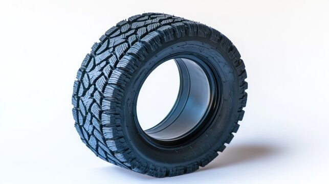 A black tire with a rugged tread design, suitable for off-road vehicles.