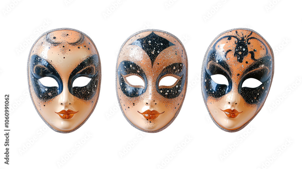 Poster set of decorative opera masks showcasing intricate designs and colors generative ai