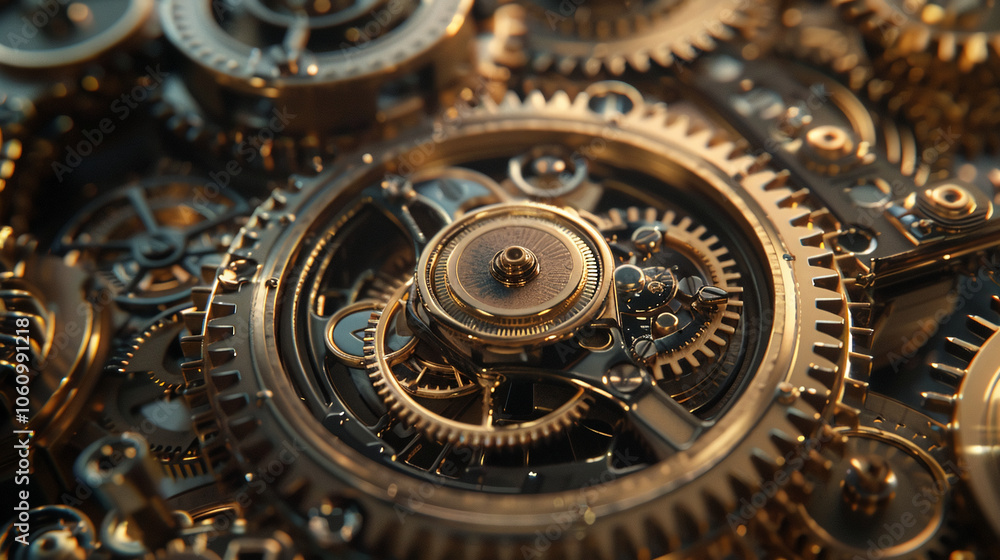 Poster a close-up view of intricate gears turning inside a clock mechanism