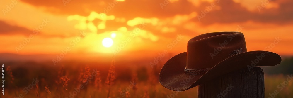 Poster a cowboy hat sits on a wooden post as the sun sets, casting warm light over the fields and creating 