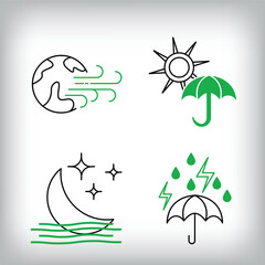 Fototapeta premium Sun protection, windy world and stormy rainfall icon set. Different linear weather designs.
