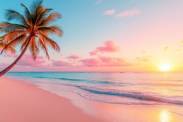 Obraz premium Tropical beach sunset with palm tree, pink and orange sky, calm ocean waves, beautiful paradise setting, serene and peaceful atmosphere, golden hour beach view, idyllic summer evening, copy space for 