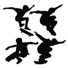 silhouette people skateboarding set, flying and freestyle skateboard vector black and white