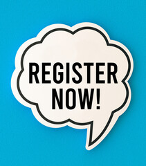 Register now text on speech bubble with blue background.