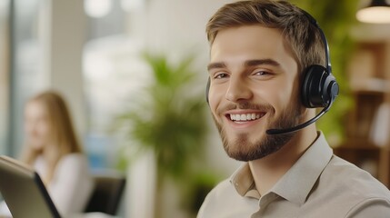 A man who has a beard is wearing a headset while smiling happily