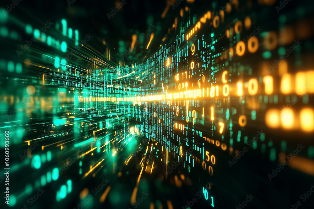 Poster binary digits surge forward in a luminous display, creating a mesmerizing digital realm filled with 