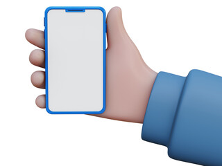 Cartoon smartphone with a blank screen and a hand holding it. Icons. 3D render. PNG.