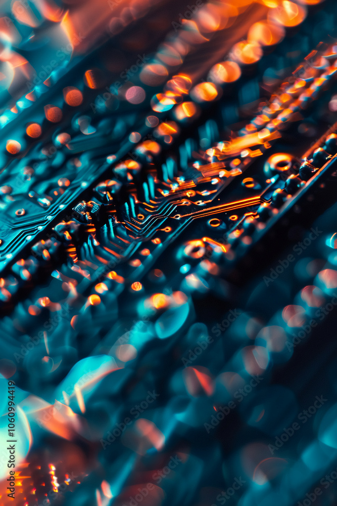 Poster A close-up view of a circuit board with intricate pathways and components, illuminated by a warm, orange glow