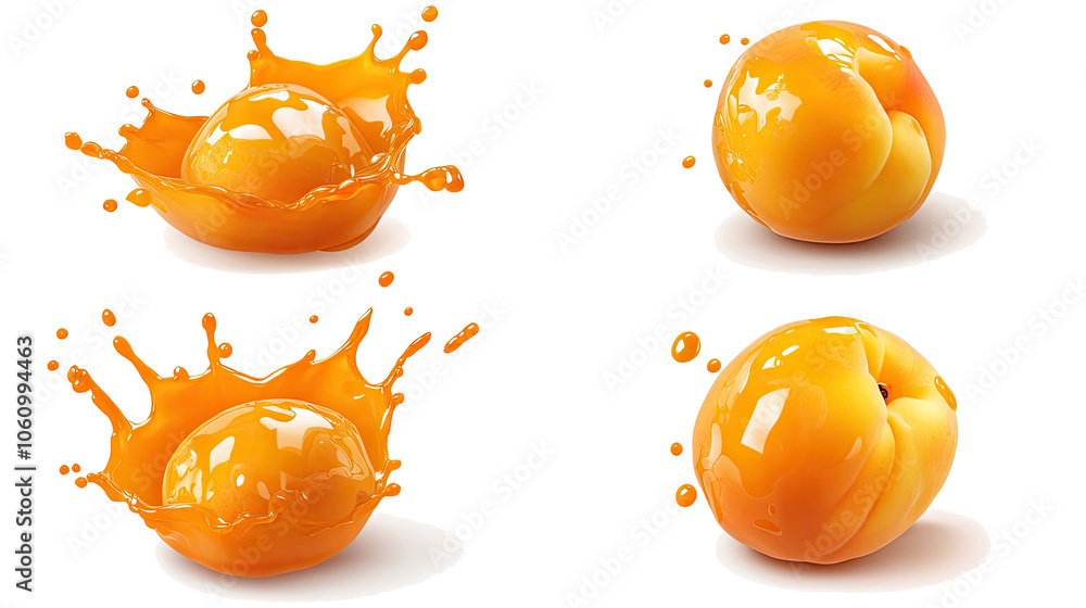 Poster fresh peaches with vibrant juice splashes on a transparent background generative ai