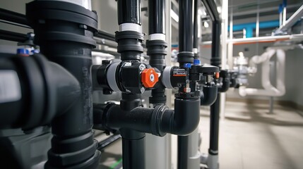 A close-up image of a PVC pipe system in a city water treatment boiler room, highlighting the intricate connections between pipes, valves, and control systems